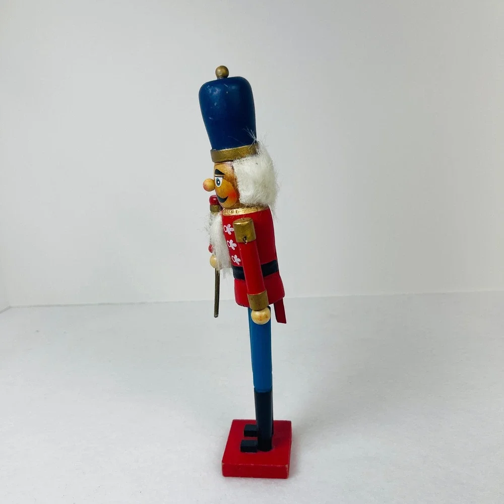 Vintage Wooden Nutcracker Soldier Red Blue Uniform Christmas Decor 9 Inch